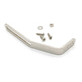 Silver metal L-shaped support bracket with screws, a washer, and a nut on a white background.