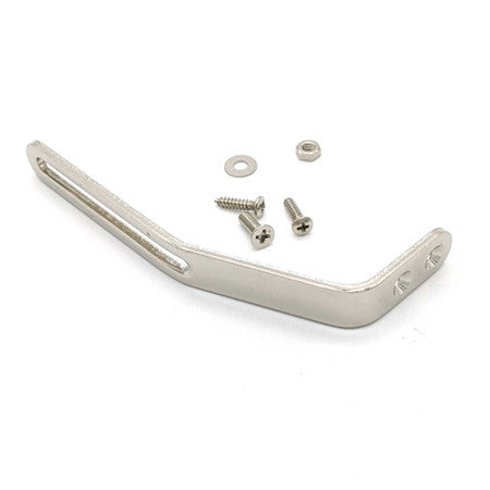 Silver metal L-shaped support bracket with screws, a washer, and a nut on a white background.