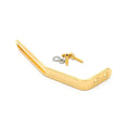 Gold-colored metal bracket with two mounting screws and two washers on white background.