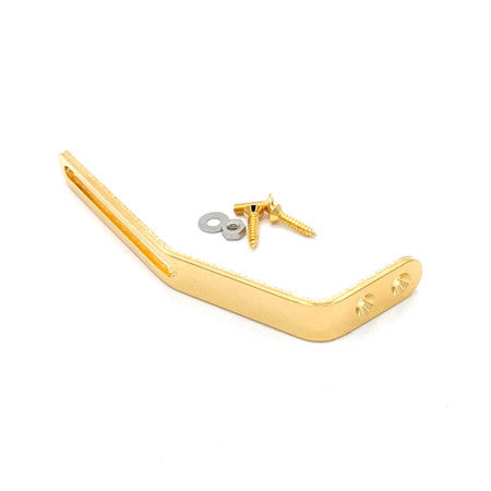 Gold-colored metal bracket with two mounting screws and two washers on white background.