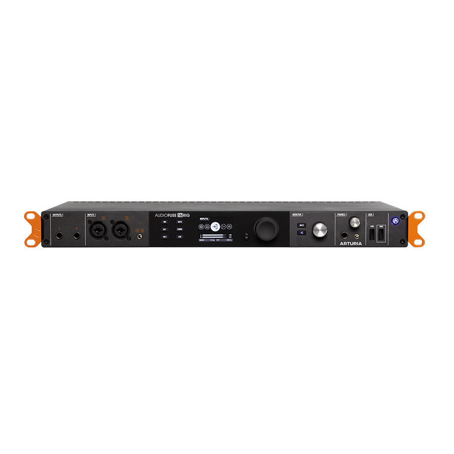 Front view of a black Arturia AudioFuse 16Rig audio interface with inputs, controls, and display screen.