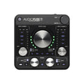 Black audio interface top view with labeled controls and illuminated indicators