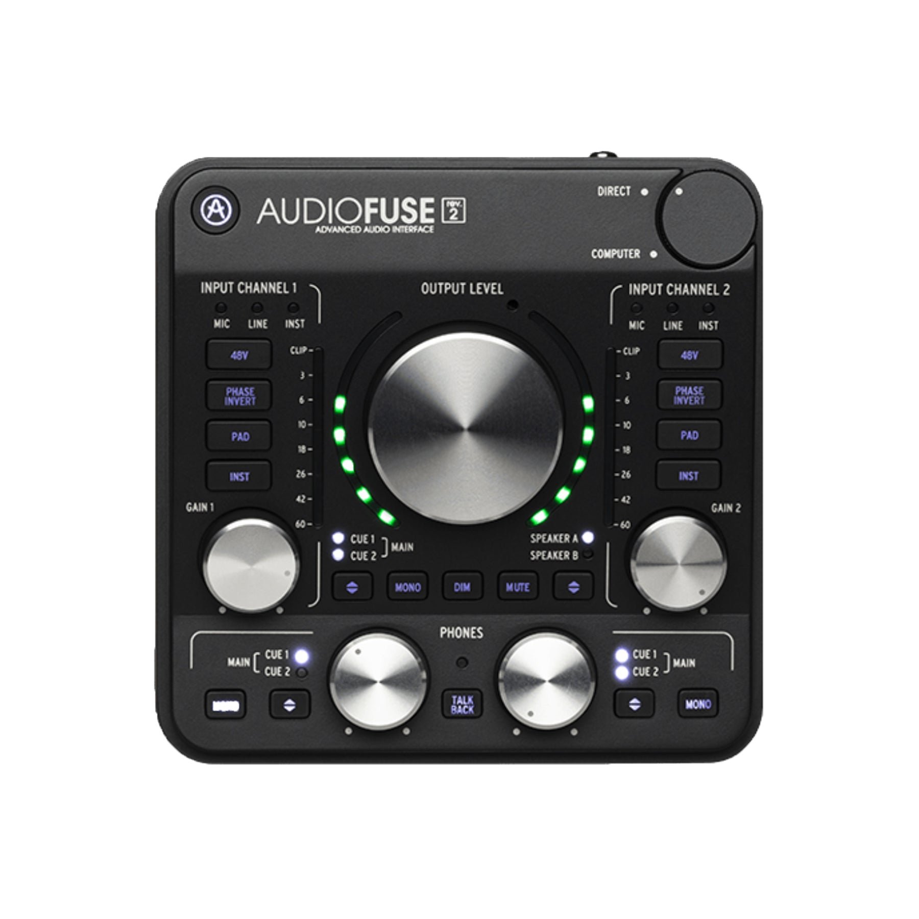 Black audio interface top view with labeled controls and illuminated indicators