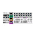Top view of a white music production controller with knobs, pads, buttons, and digital displays labeled Arturia.
