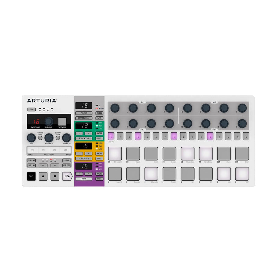 Top view of a white music production controller with knobs, pads, buttons, and digital displays labeled Arturia.