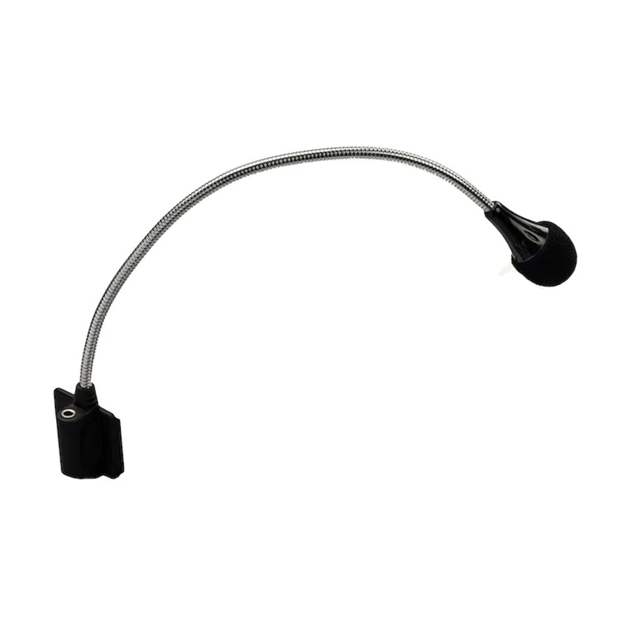 Black gooseneck microphone with foam windscreen and clip on a white background.