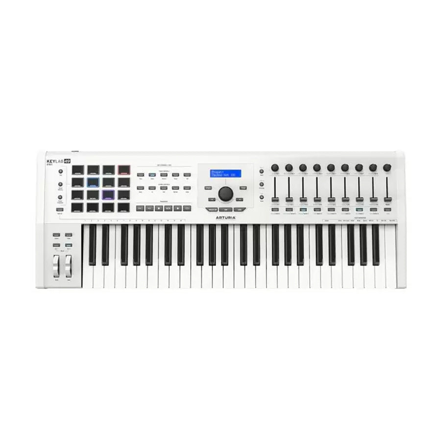 White music keyboard controller with multiple keys, pads, knobs, faders, buttons, and a small display screen.