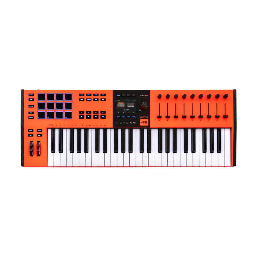 Orange MIDI keyboard controller with 49 keys, eight faders, eight knobs, and 16 pads with blue backlight.