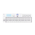 White MIDI keyboard controller with 49 keys, 8 pads, 9 sliders, 9 knobs, buttons, and a small LCD screen.