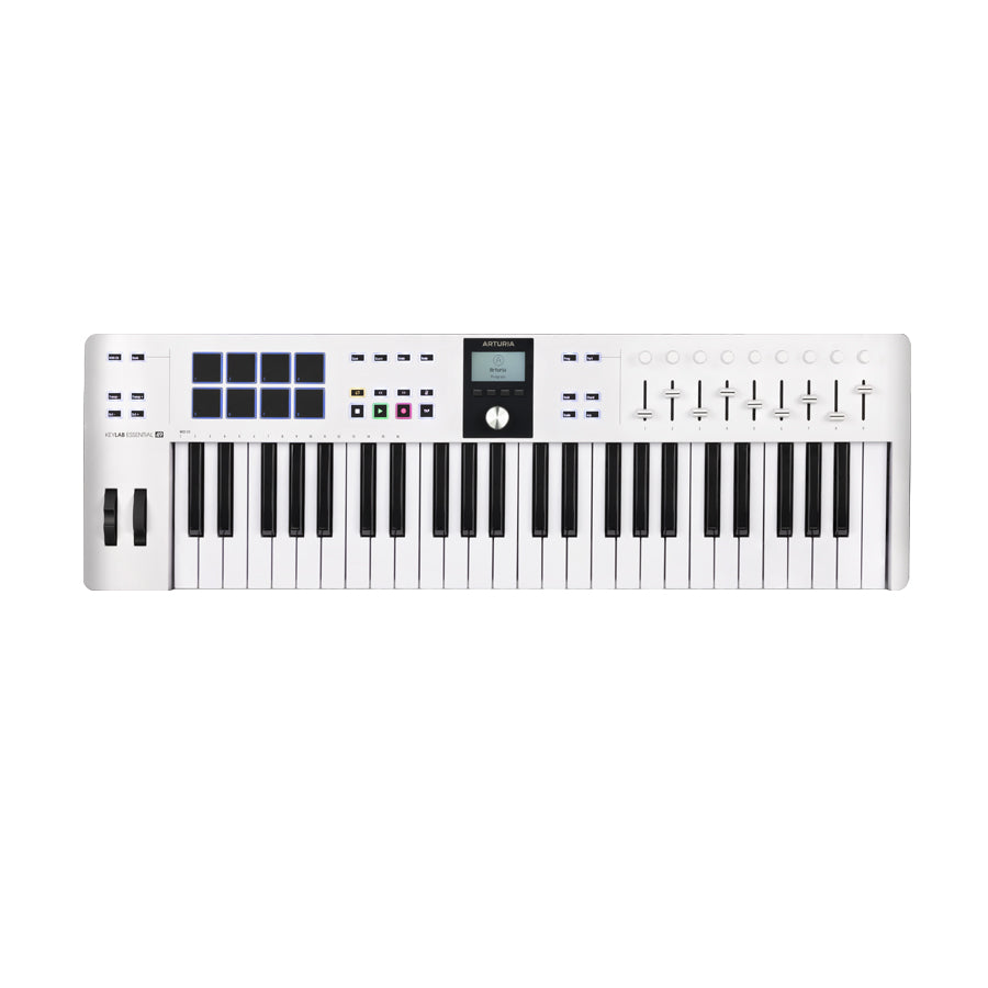 White MIDI keyboard controller with 49 keys, 8 black square pads, 9 faders, knobs, buttons, and a small display screen.