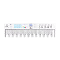 White MIDI keyboard controller with 61 keys, pads, faders, buttons, wheels, and a small display screen.