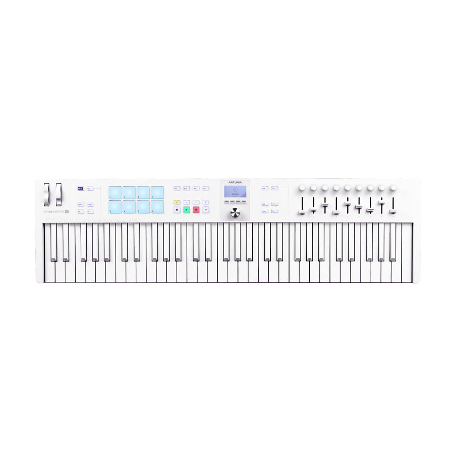 White MIDI keyboard controller with 61 keys, pads, faders, buttons, wheels, and a small display screen.