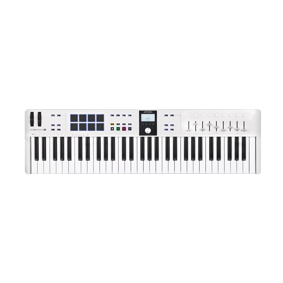 White MIDI keyboard controller with 61 keys, 8 pads, 8 faders, knobs, wheels, and a screen.