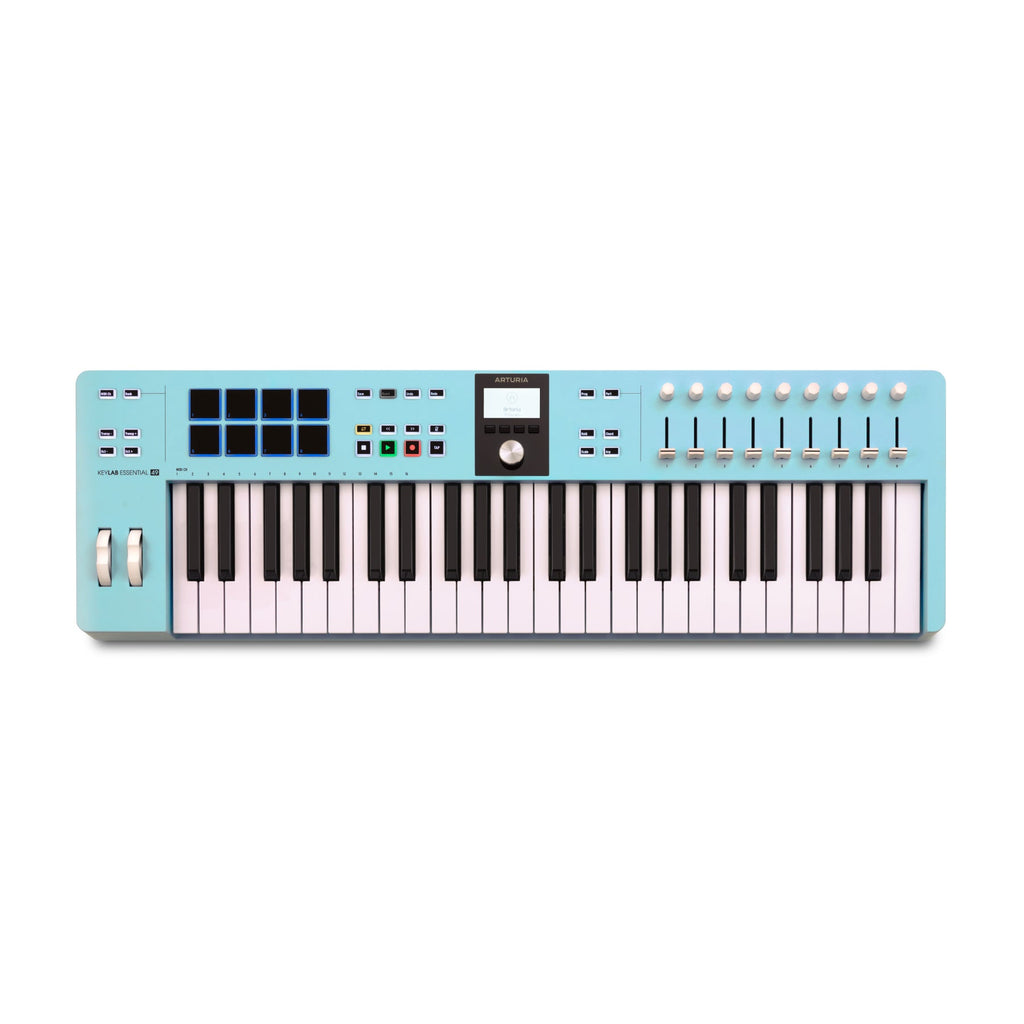 Aquamarine colored MIDI keyboard controller with 49 keys, pads, knobs, sliders, and a small display screen.