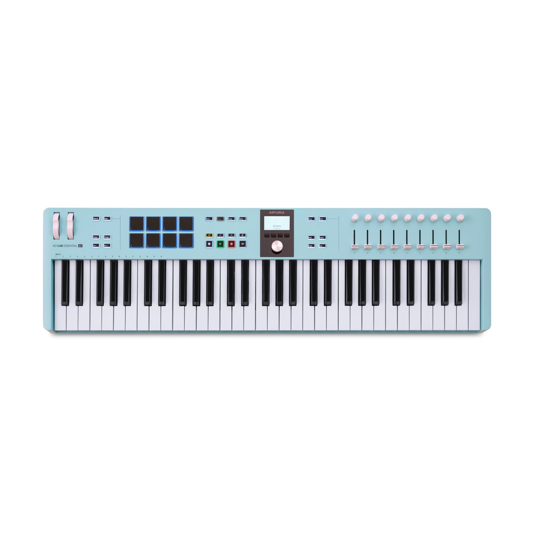 Light blue keyboard controller with 61 keys, pads, knobs, sliders, and a screen in the center.