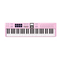 Pink 61-key MIDI controller keyboard with pads, knobs, faders, buttons, and a small display screen.
