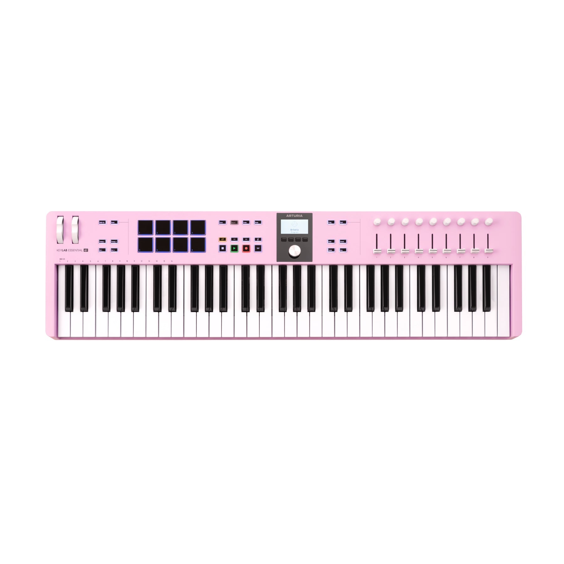 Pink 61-key MIDI controller keyboard with pads, knobs, faders, buttons, and a small display screen.