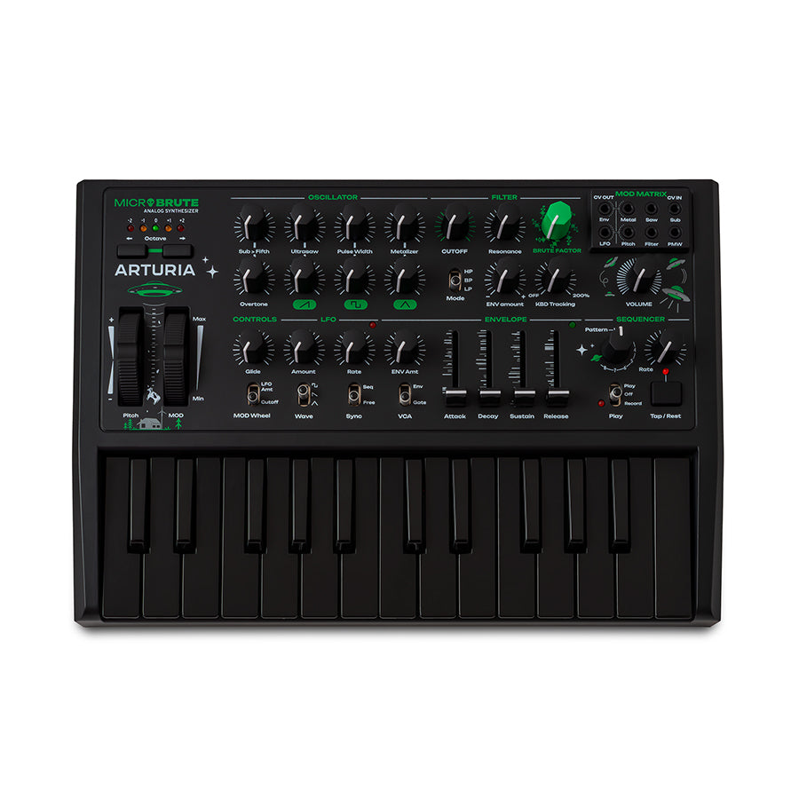 Black synthesizer keyboard with green details and multiple knobs, sliders, and two wheels, labeled Arturia Microbrute.