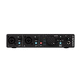 Front view of a black audio interface with two combo input jacks, gain knobs, monitor controls, and headphone jack.