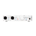 Front view of white audio interface with two combo input jacks, gain controls, monitor volume, and headphone output.