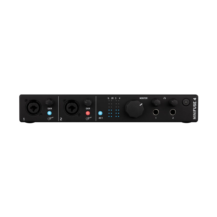 Front view of a black compact audio interface with two combo inputs, gain knobs, monitor control, headphone outputs, and LED indicators.