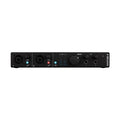 Front view of a black compact audio interface with two combo inputs, gain knobs, monitor control, headphone outputs, and LED indicators.