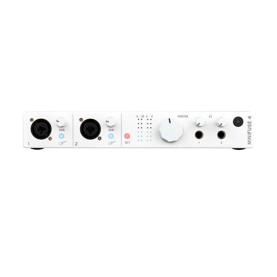 White audio interface front panel with two combo input jacks, gain knobs, monitor volume knob, headphone jacks, and status LEDs.