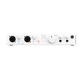 White audio interface front panel with two combo input jacks, gain knobs, monitor volume knob, headphone jacks, and status LEDs.