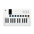White MIDI controller with 25 keys, 8 illuminated pads, 8 knobs, sliders, and a small display screen.