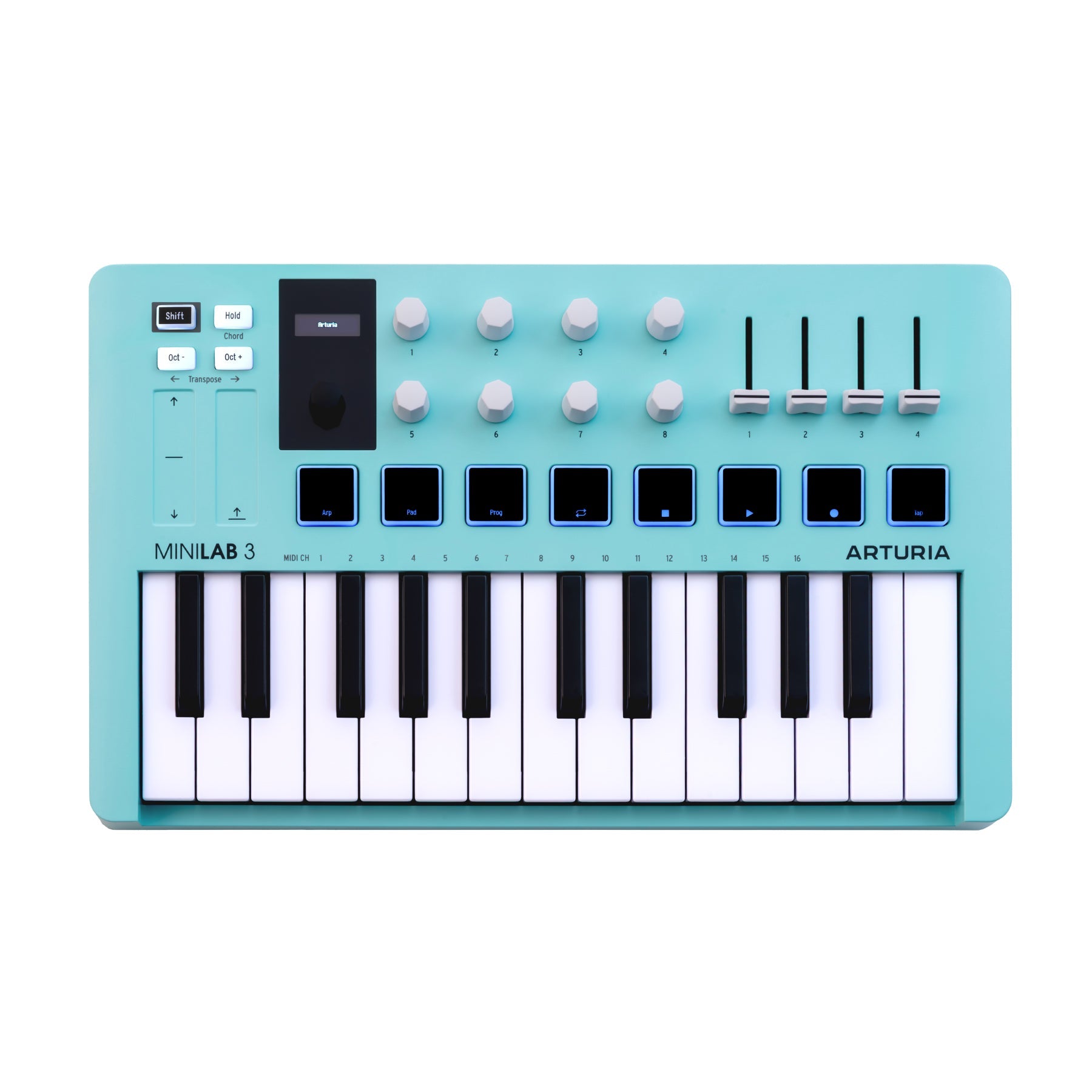 Aquamarine MIDI controller with 25 mini keys, eight knobs, four faders, and multiple buttons on a flat surface.