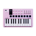 Top view of a pink MIDI controller featuring piano keys, knobs, sliders, buttons, and a touchpad.