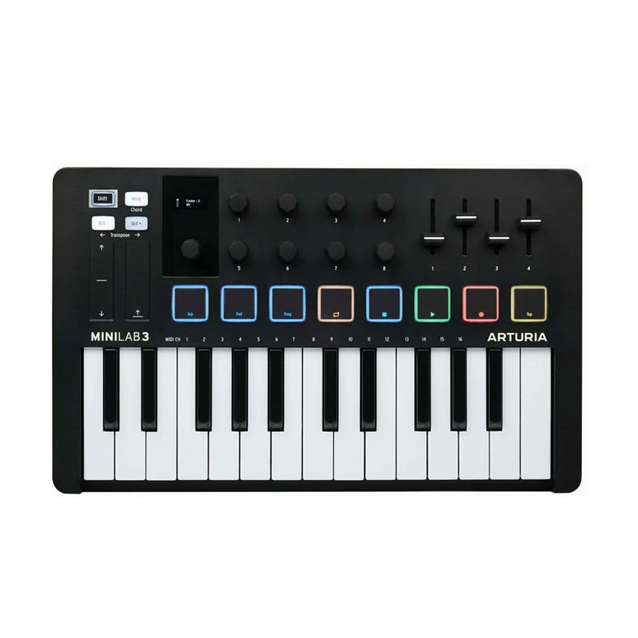 Black midi controller keyboard with knobs, sliders, colored buttons, and pitch/modulation strips.