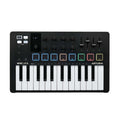 Black midi controller keyboard with knobs, sliders, colored buttons, and pitch/modulation strips.