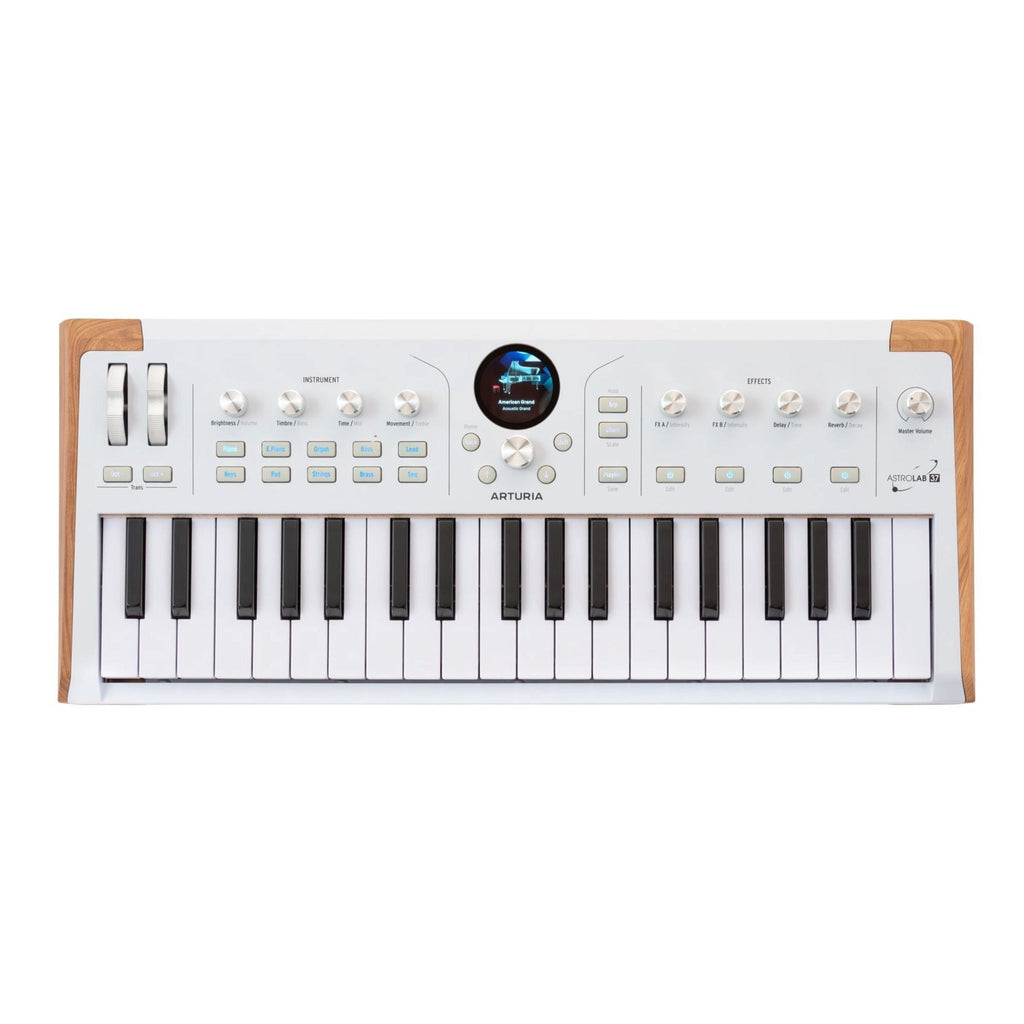 White slim-key stage keyboard with 37 keys, rotary knobs, buttons, and a central display showing a piano image.