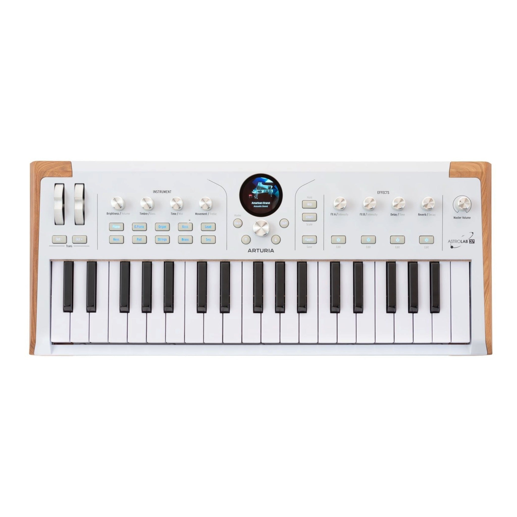 White slim-key stage keyboard with 37 keys, rotary knobs, buttons, and a central display showing a piano image.