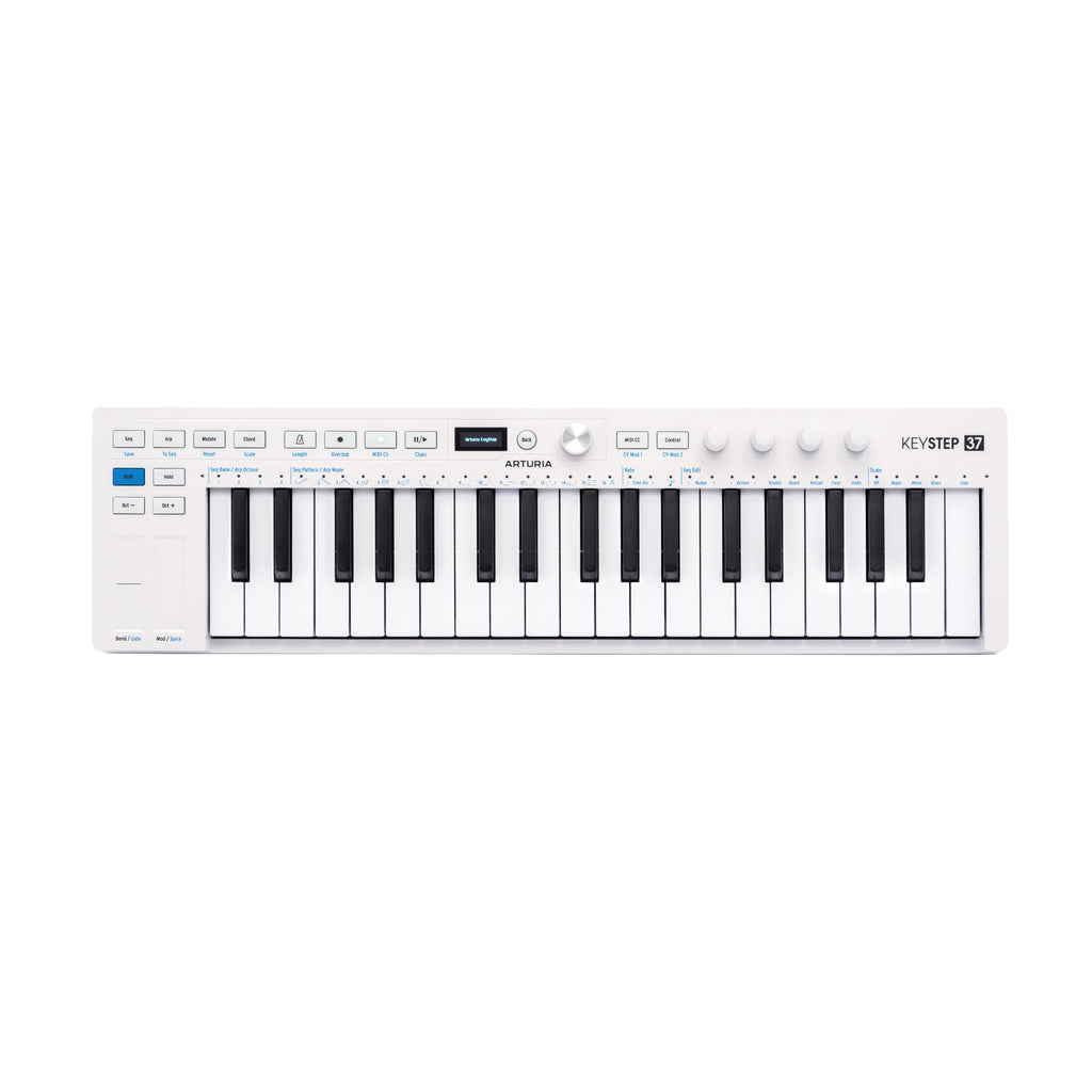 White MIDI keyboard controller with 37 keys, multiple buttons, knobs, and small display screen