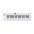 White MIDI keyboard controller with 37 keys, multiple buttons, knobs, and small display screen