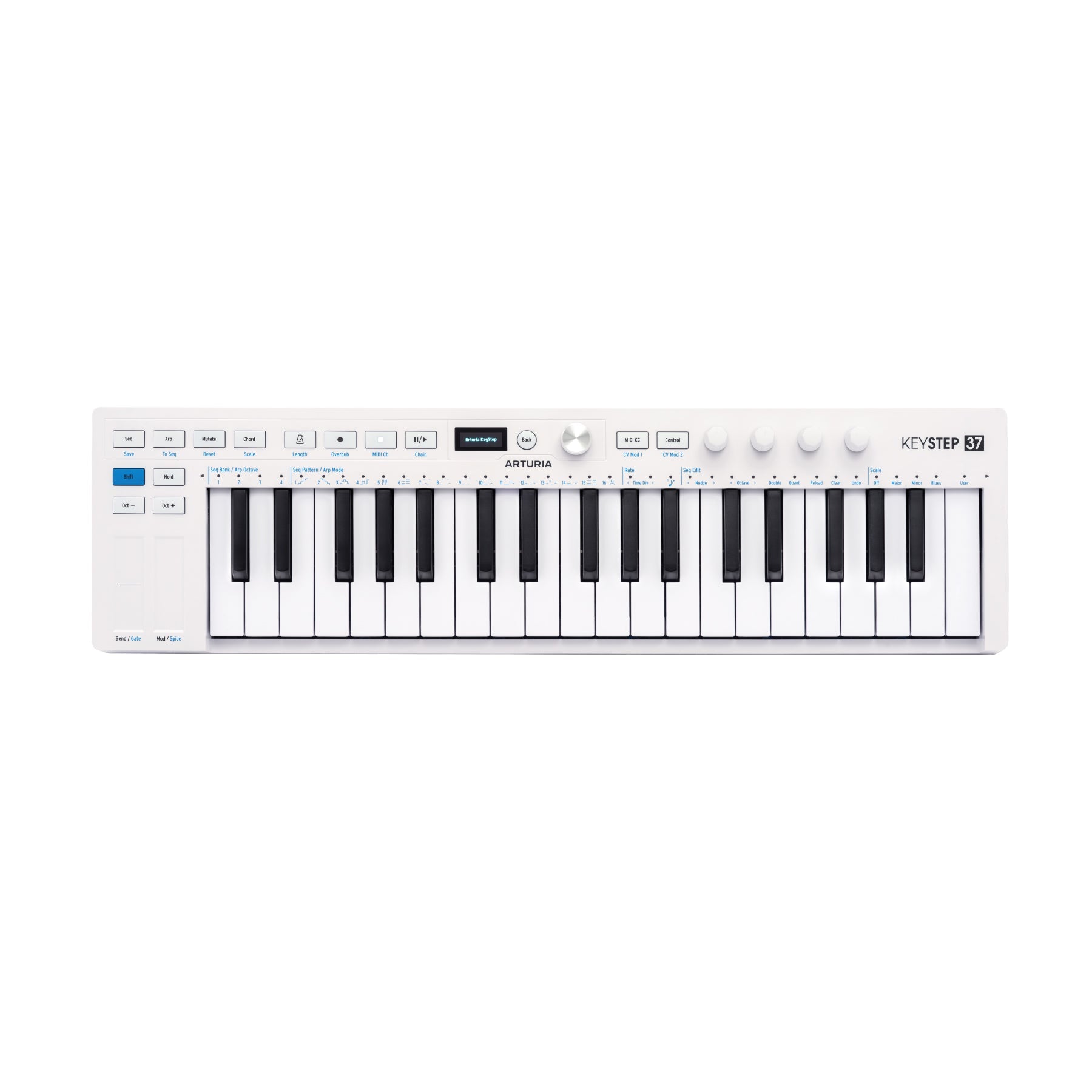 White MIDI keyboard controller with 37 keys, multiple buttons, knobs, and small display screen