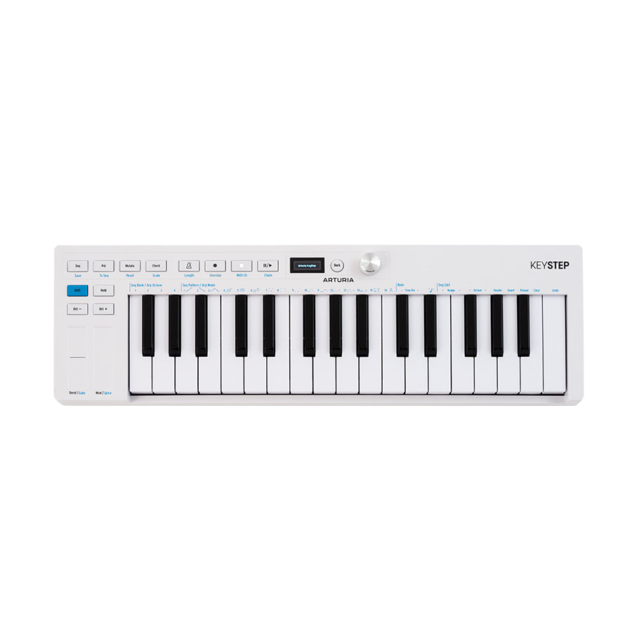 White music keyboard controller with 32 keys, buttons, a small display, and a rotary knob