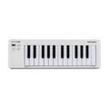 White compact keyboard MIDI controller with black and white keys and light cyan buttons on left side.