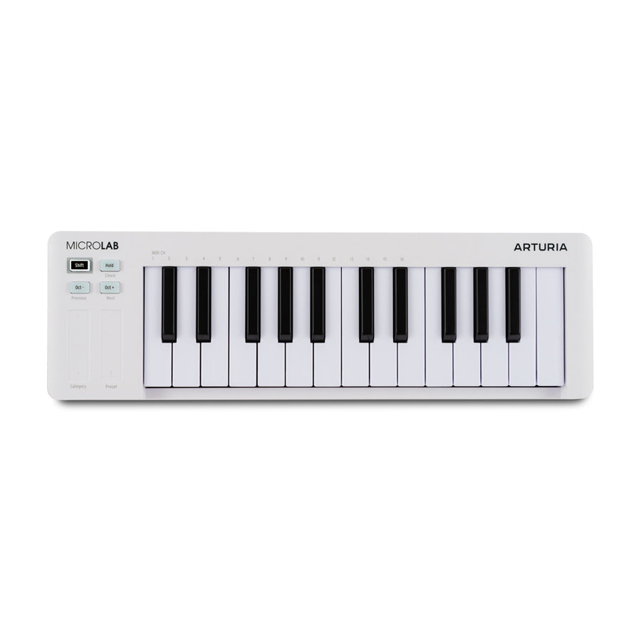 White compact keyboard MIDI controller with black and white keys and light cyan buttons on left side.