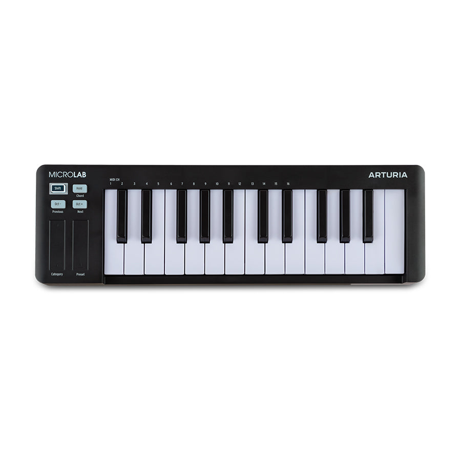 Black and white 25-key MIDI keyboard controller with buttons and sliders, labeled MICROLAB by ARTURIA.
