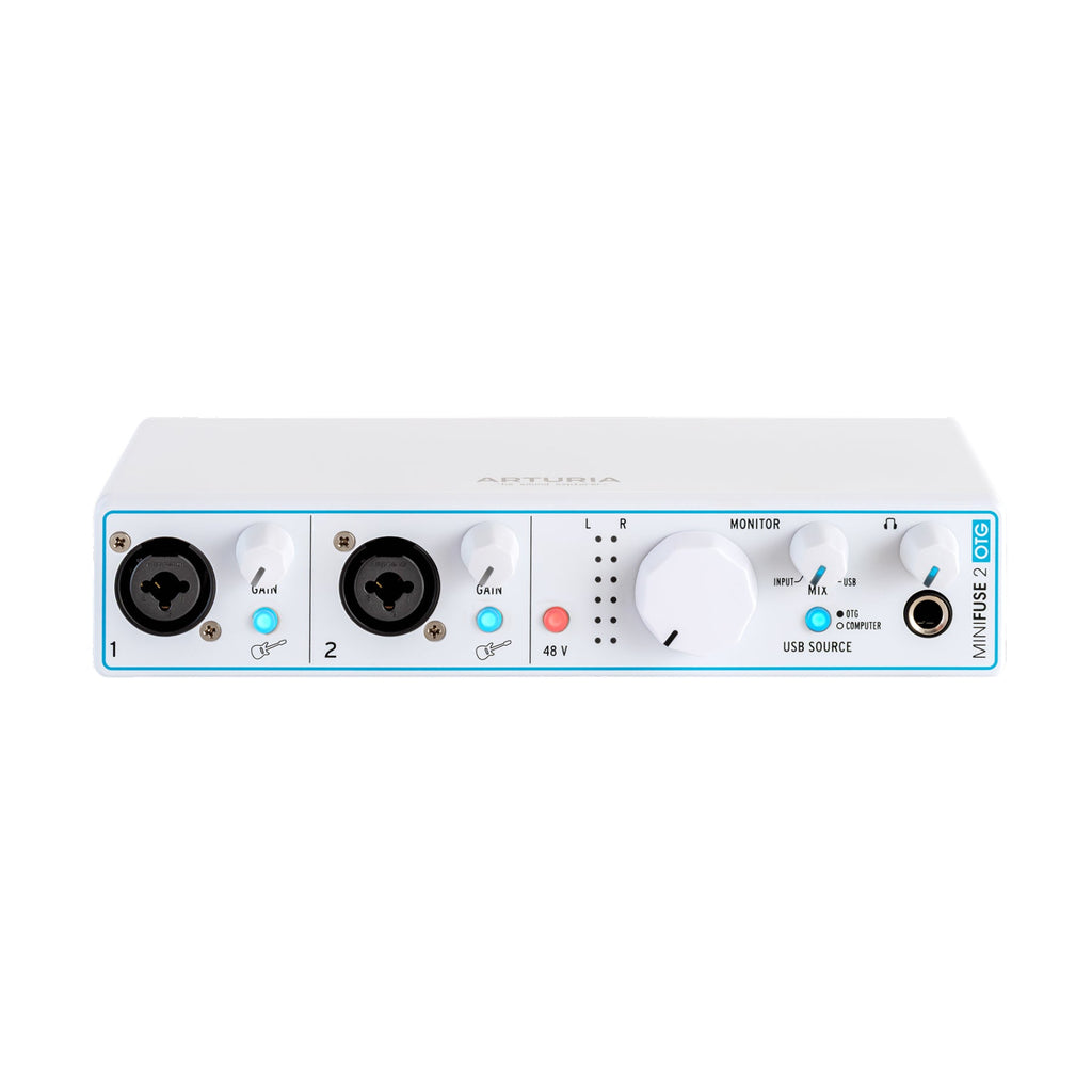 Front view of a white Arturia MiniFuse 2 OTG audio interface with input jacks, knobs, and indicator lights.