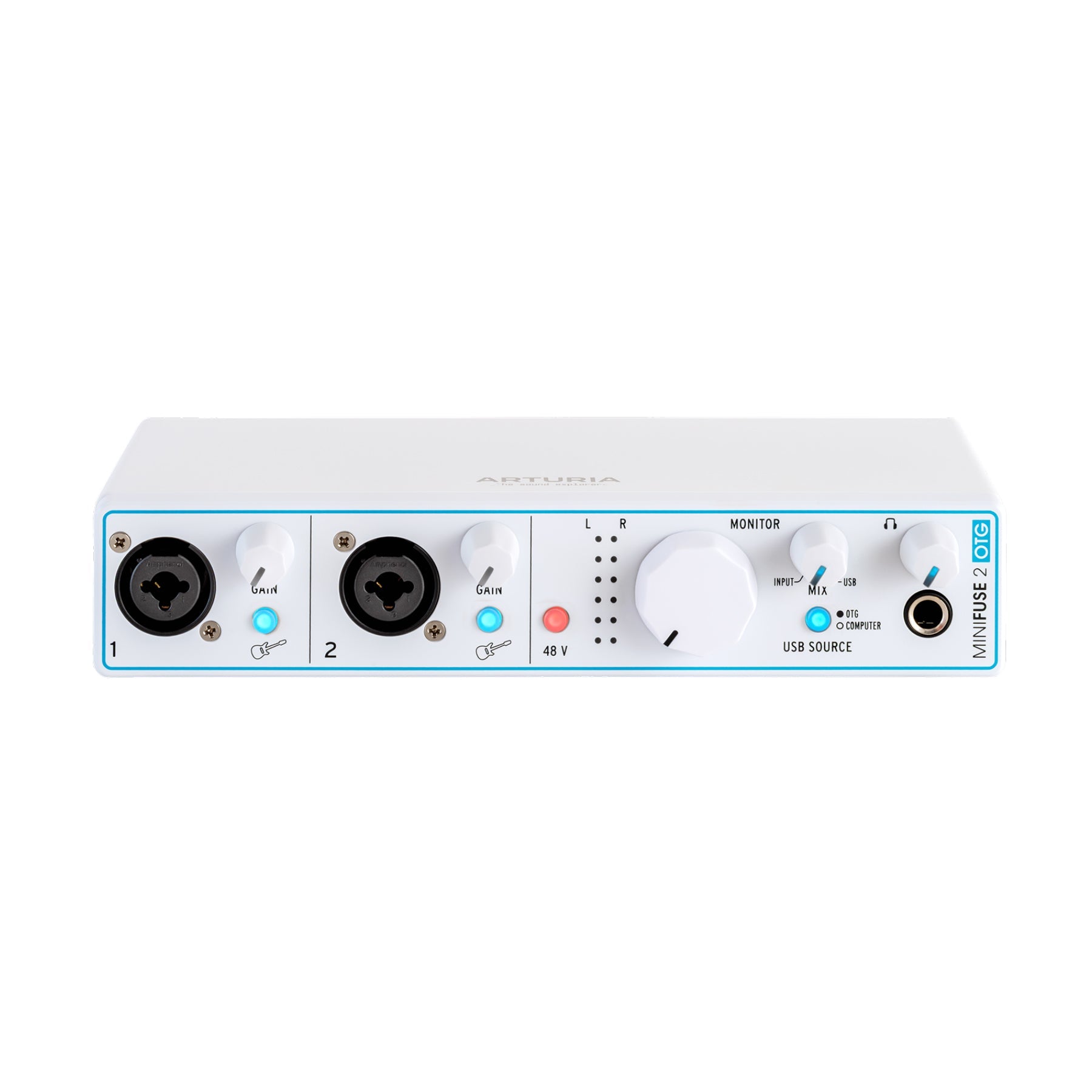 Front view of a white Arturia MiniFuse 2 OTG audio interface with input jacks, knobs, and indicator lights.
