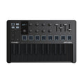 Black Arturia Minilab 3 MIDI controller keyboard with keys, knobs, faders, buttons, and a small display screen.