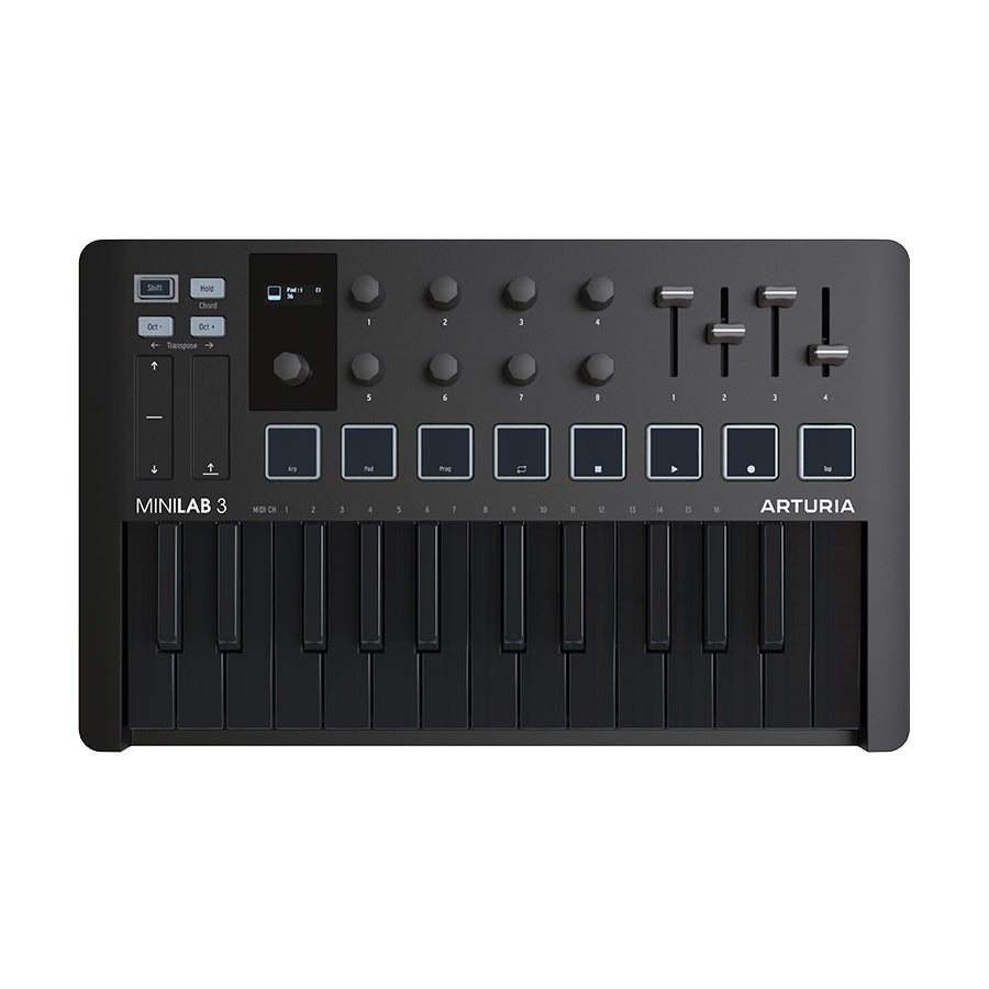 Black Arturia Minilab 3 MIDI controller keyboard with keys, knobs, faders, buttons, and a small display screen.