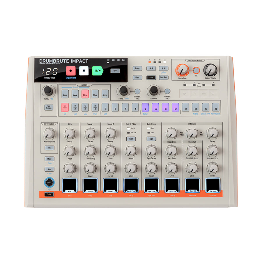 Top view of a beige Arturia DrumBrute Impact drum machine with multiple knobs, pads, and an LCD screen.