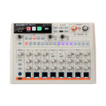 Top view of a beige Arturia DrumBrute Impact drum machine with multiple knobs, pads, and an LCD screen.
