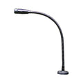 Black gooseneck microphone with a round base and a silver microphone head with connector
