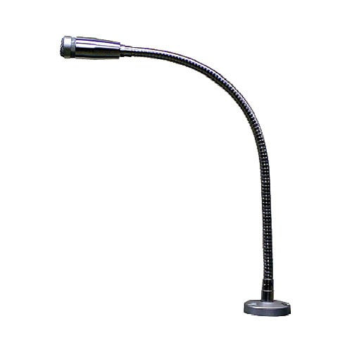 Black gooseneck microphone with a round base and a silver microphone head with connector